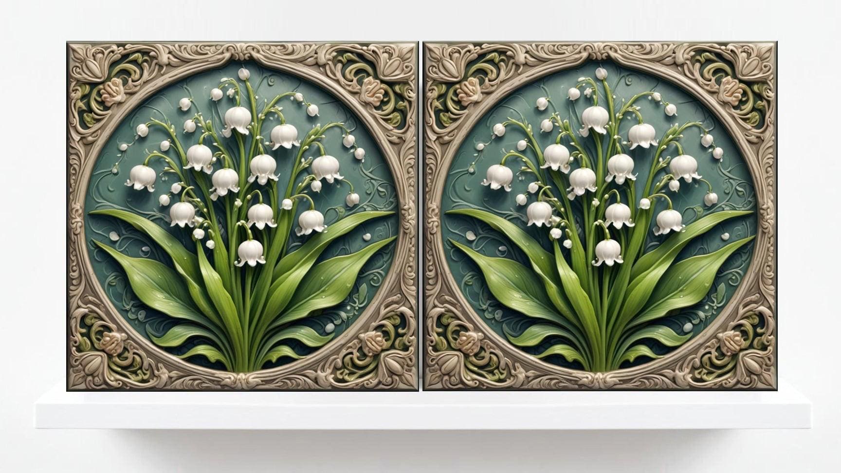 Lily of the Valley Tile -Art Nouveau Flower Ceramic Tiles -Set of 2 Art Nouveau Wall Decor Print - Kitchen Backsplash, Shower,Bathroom Tiles