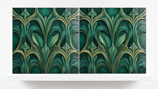 Art Deco Ceramic Tiles Green- Set of 2 Art Deco Wall Decor Geometric Tiles - Kitchen Backsplash Tiles,Table Decorative Tiles, Bathroom Tiles