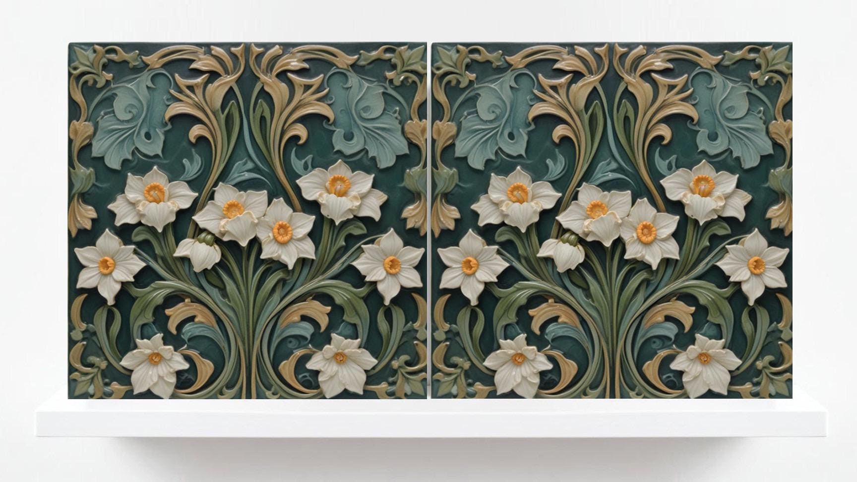 Daffodil Tile Green Art Nouveau Tiles - Set of 2 - Flower Botanical Art Print Ceramic Tiles - Kitchen Backsplash, Bathroom,Sink Splashback