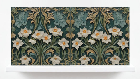Daffodil Tile Green Art Nouveau Tiles - Set of 2 - Flower Botanical Art Print Ceramic Tiles - Kitchen Backsplash, Bathroom,Sink Splashback