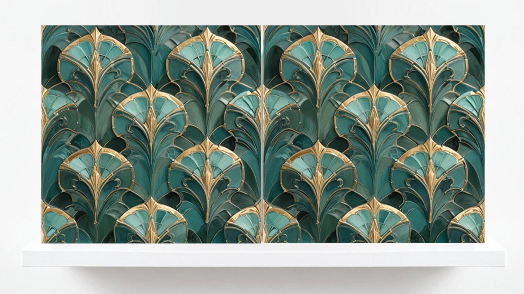 Art Deco Ceramic Tiles Green- Set of 2 Art Deco Wall Decor Geometric Tiles - Kitchen Backsplash , Sink Splashback,Shower, Bathroom Wall Tile