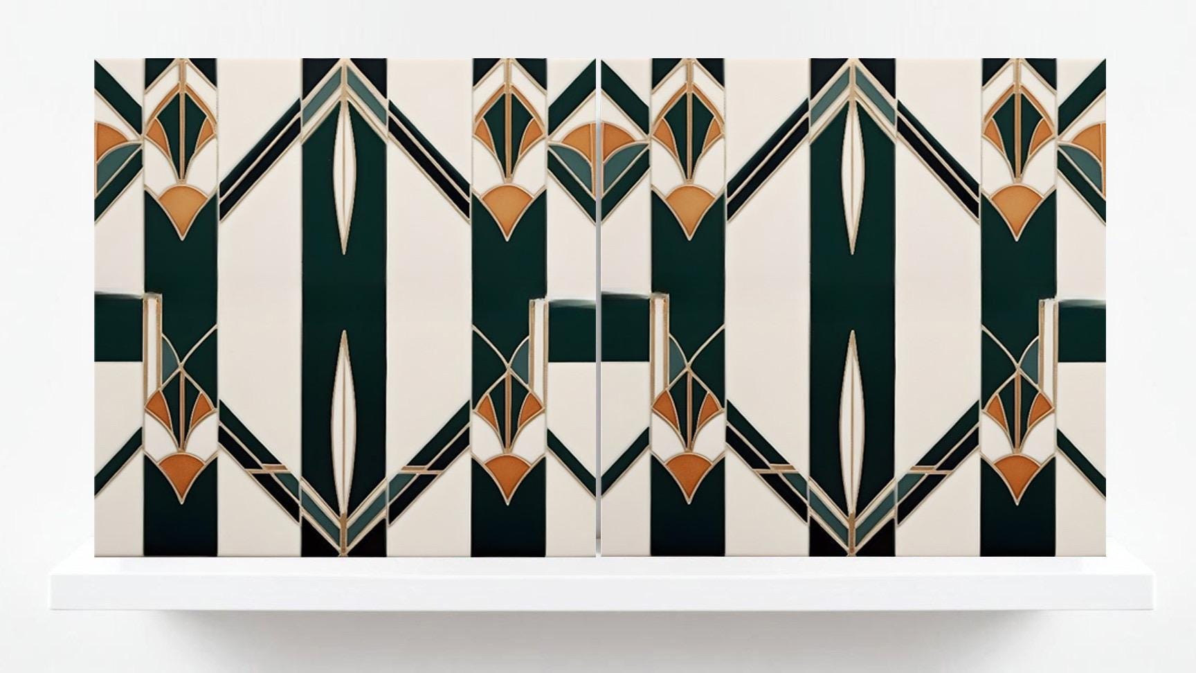 Art Deco Ceramic tiles - Set of 2 Wall Decor Geometric Tiles - Kitchen Backsplash,Fireplace,Bathroom,Shower Wall Art,Sink Splashback,Coaster