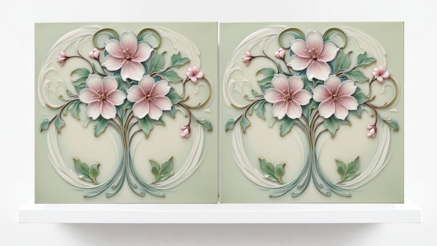Art Nouveau Flower Ceramic Floral Tiles - Set of 2 Botanical Wall Decor Tile - Kitchen Backsplash,Bathroom, Sink Splashback,Fireplace,Shower