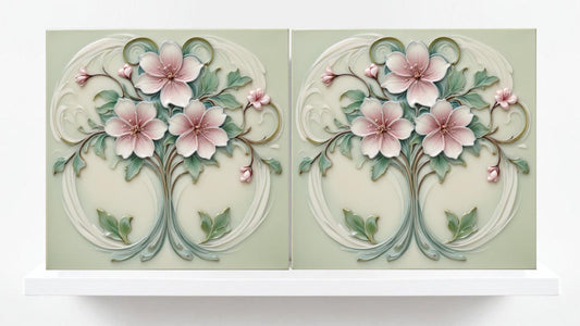 Art Nouveau Flower Ceramic Floral Tiles - Set of 2 Botanical Wall Decor Tile - Kitchen Backsplash,Bathroom, Sink Splashback,Fireplace,Shower