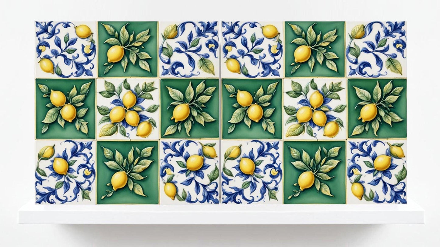Italian Majolica Lemon Tiles - Set of 2 Mediterranean Wall Decor Tiles -Kitchen Backsplash,Bathroom,Shower Wall,Fireplace, Sink Splashback