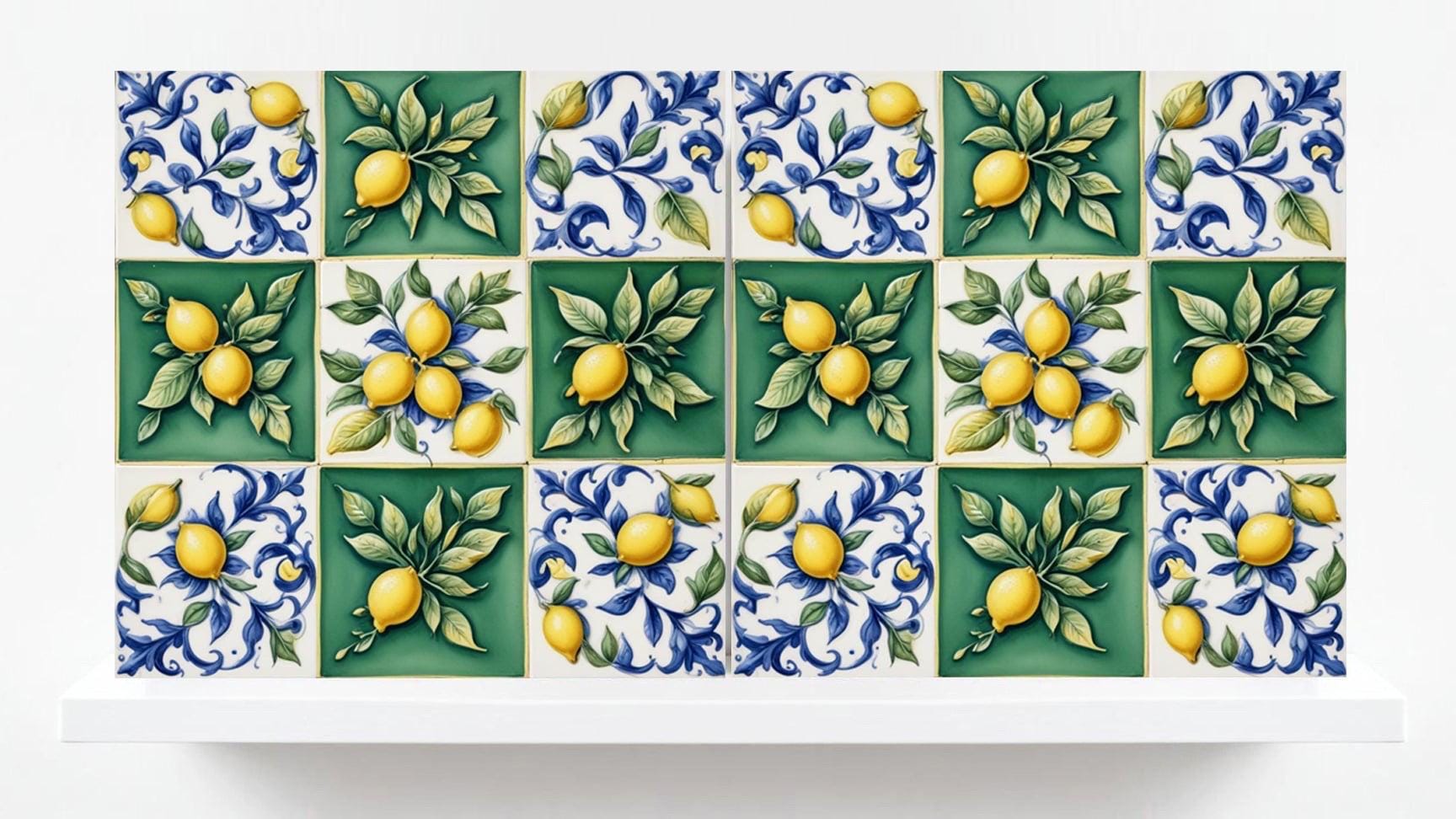 Italian Majolica Lemon Tiles - Set of 2 Mediterranean Wall Decor Tiles -Kitchen Backsplash,Bathroom,Shower Wall,Fireplace, Sink Splashback