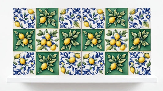 Italian Majolica Lemon Tiles - Set of 2 Mediterranean Wall Decor Tiles -Kitchen Backsplash,Bathroom,Shower Wall,Fireplace, Sink Splashback