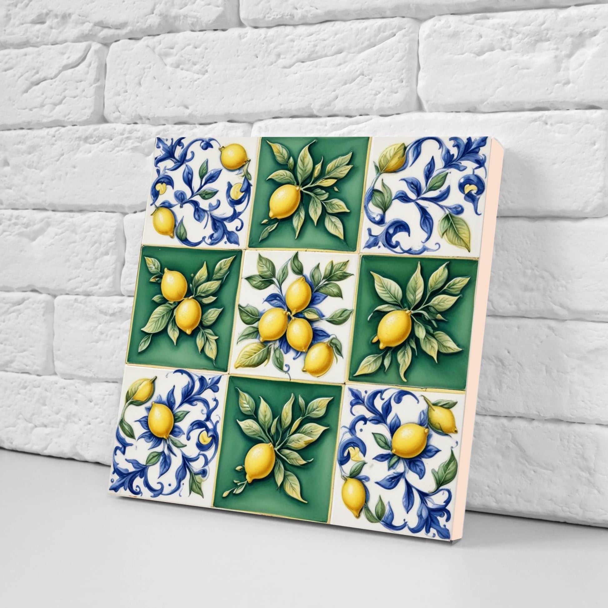 Italian Majolica Lemon Tiles - Set of 2 Mediterranean Wall Decor Tiles -Kitchen Backsplash,Bathroom,Shower Wall,Fireplace, Sink Splashback