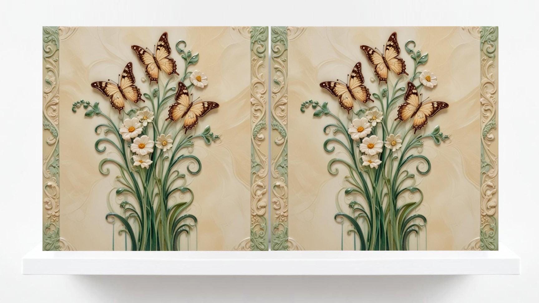 Butterfly Tile-Set of 2 Art Nouveau Botanical Tiles Wall Decor print-Kitchen Backsplash,Home Decor,Bathroom,Shower,Sink Splashback,Fireplace