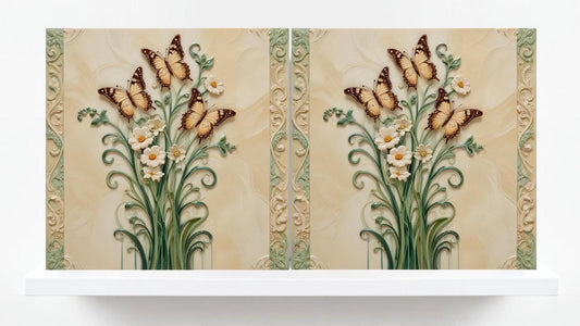 Butterfly Tile-Set of 2 Art Nouveau Botanical Tiles Wall Decor print-Kitchen Backsplash,Home Decor,Bathroom,Shower,Sink Splashback,Fireplace
