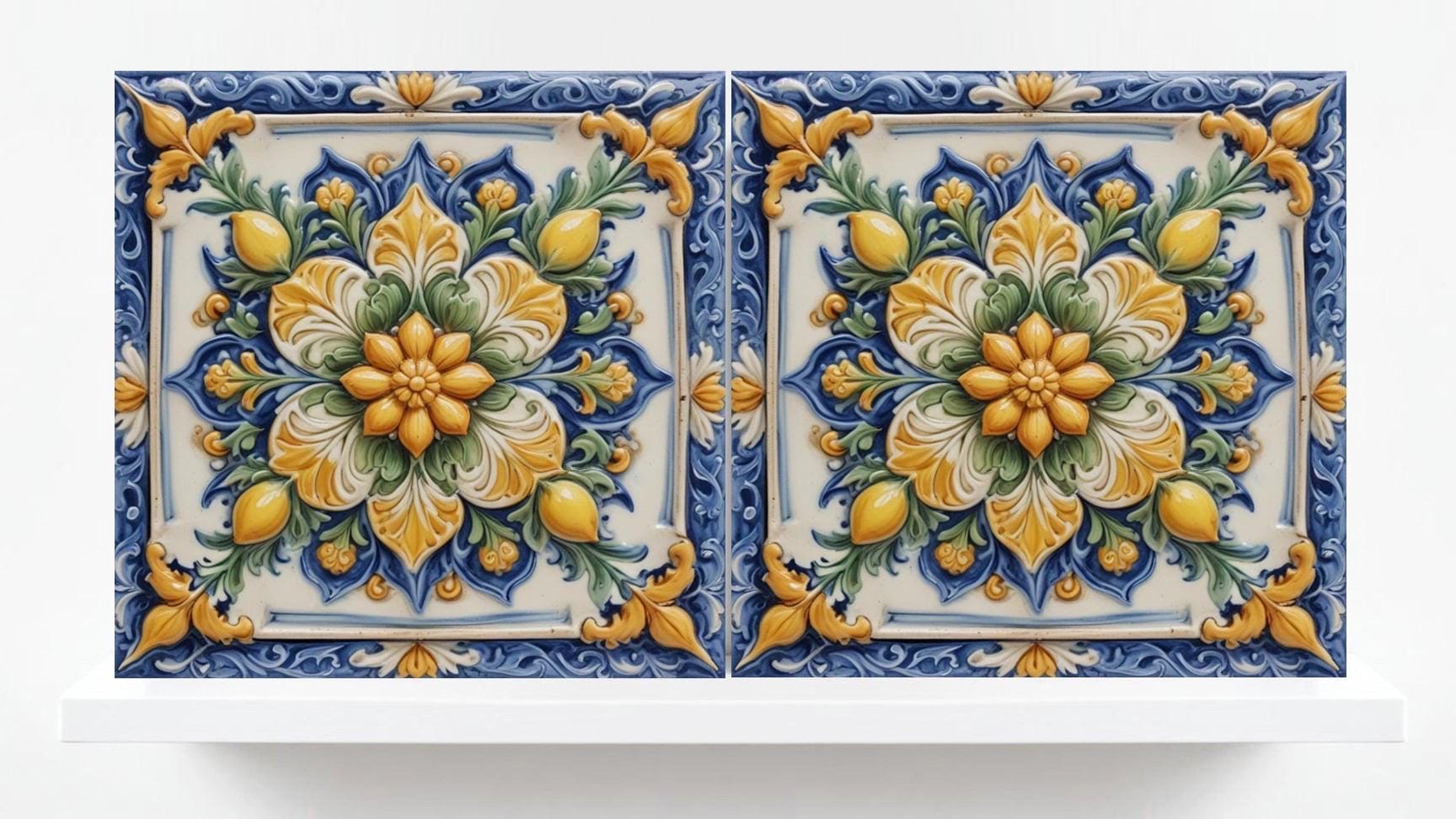 Italian Majolica Tiles Flower -Set of 2 Sicilian Wall Decor Tiles-Kitchen Backsplash Tiles, Sink Splashback,Bathroom,Shower Wall Art,Coaster