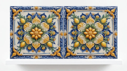 Italian Majolica Tiles Flower -Set of 2 Sicilian Wall Decor Tiles-Kitchen Backsplash Tiles, Sink Splashback,Bathroom,Shower Wall Art,Coaster