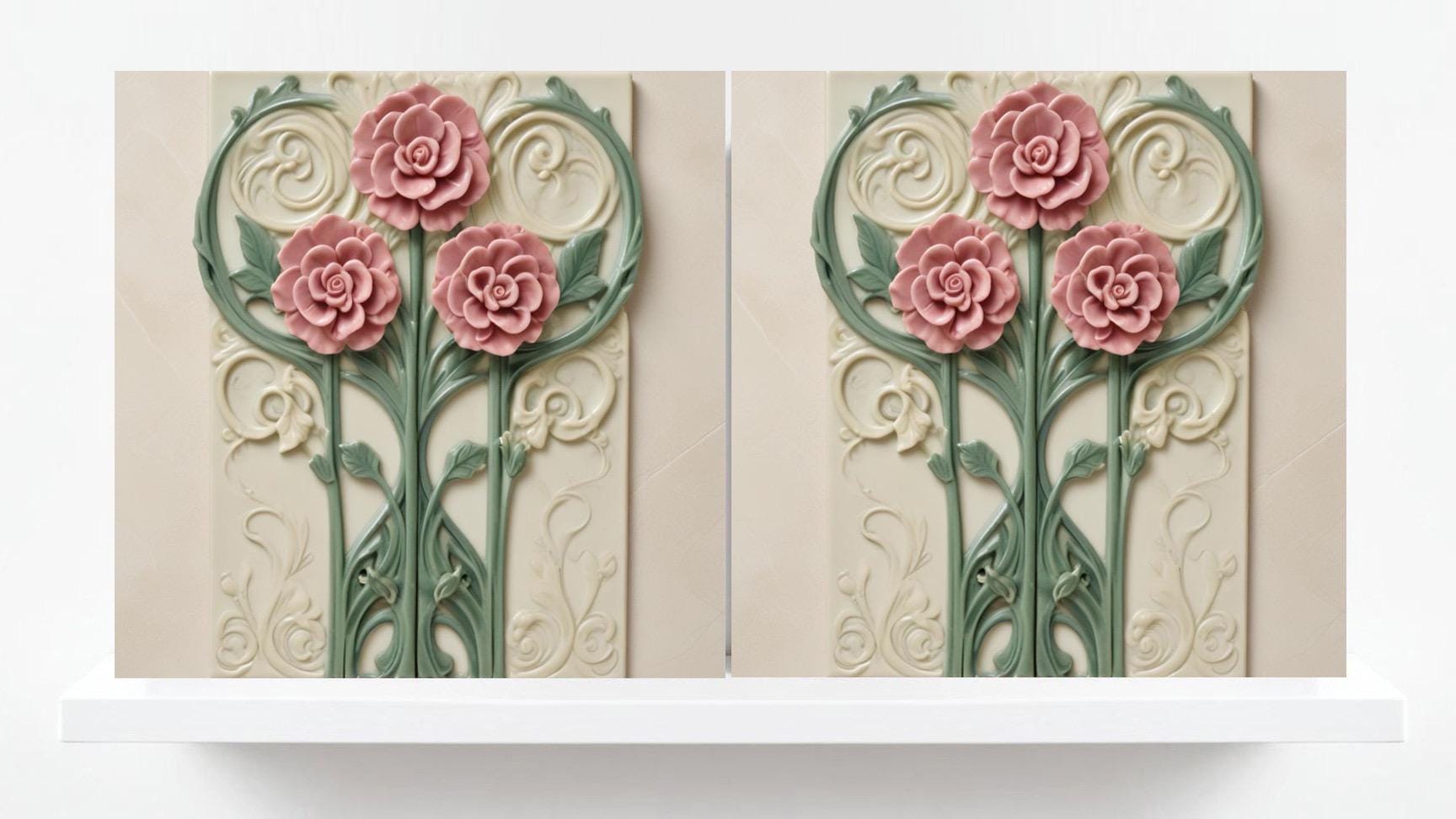 Art Nouveau Tile Rose Flower Ceramic Tiles - Set of 2 Botanical Print Wall Decor -Kitchen Backsplash,Bathroom, Shower Wall,Sink Splashback,