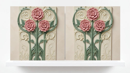 Art Nouveau Tile Rose Flower Ceramic Tiles - Set of 2 Botanical Print Wall Decor -Kitchen Backsplash,Bathroom, Shower Wall,Sink Splashback,