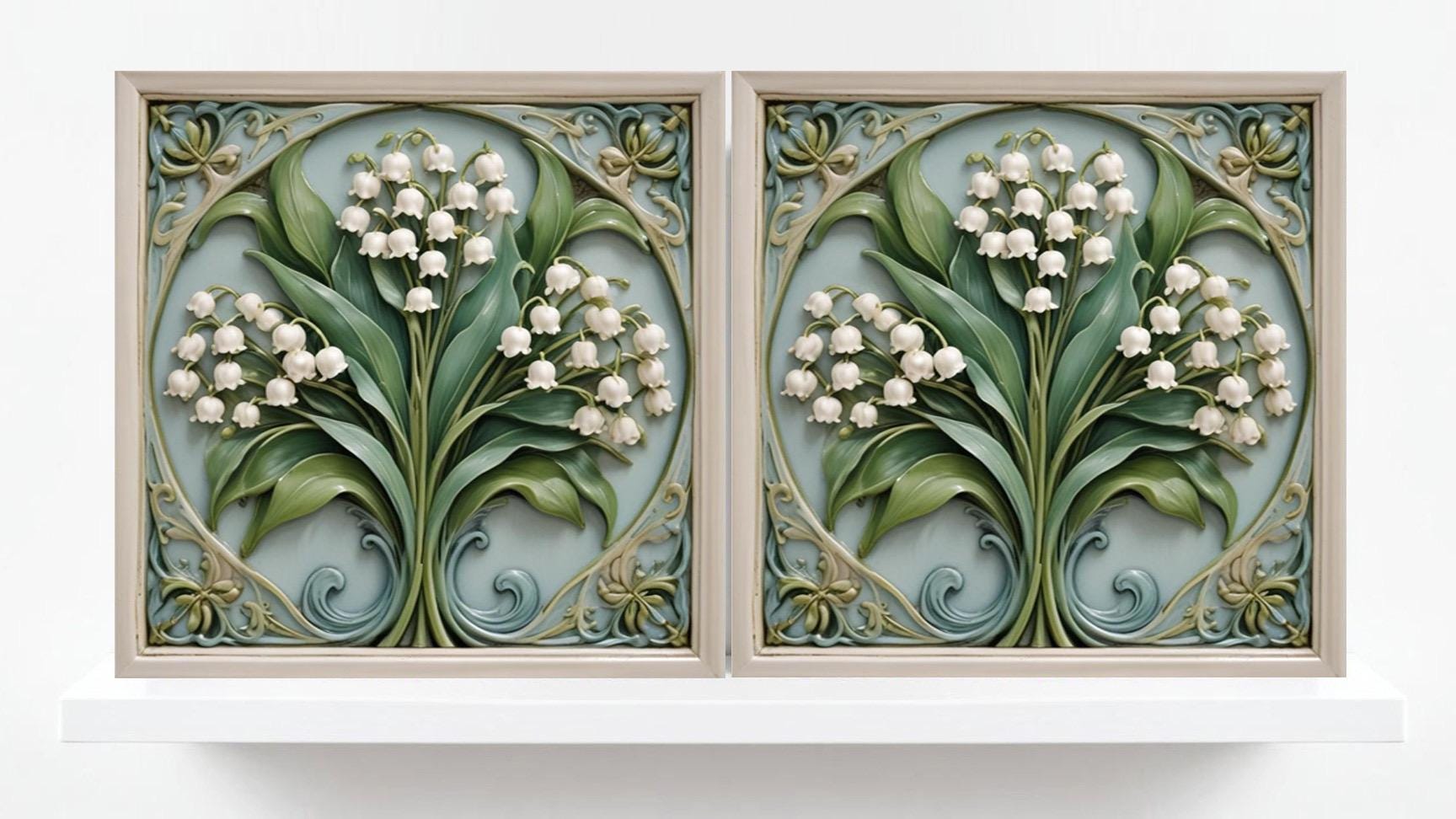 Lily of the Valley Art Nouveau Flower Ceramic Tiles -Set of 2 Botanical Wall Decor - Kitchen Backsplash,Sink Splashback,Shower,Bathroom Wall