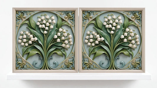 Lily of the Valley Art Nouveau Flower Ceramic Tiles -Set of 2 Botanical Wall Decor - Kitchen Backsplash,Sink Splashback,Shower,Bathroom Wall
