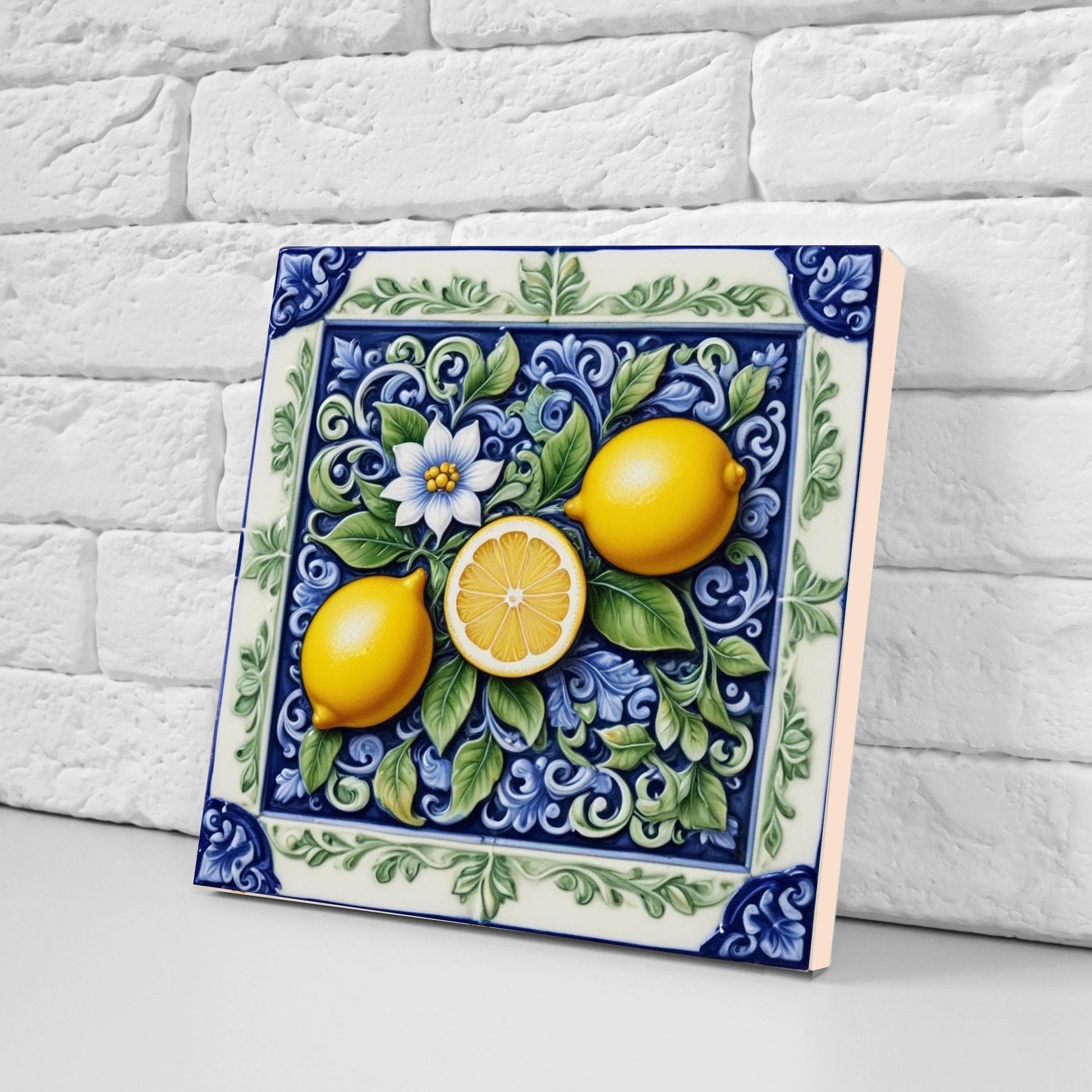 Italian Majolica Lemon Tiles - Set of 2 Mediterranean Wall Decor Tiles -Kitchen Backsplash, Table Decorative,Bathroom, Shower Wall,Fireplace