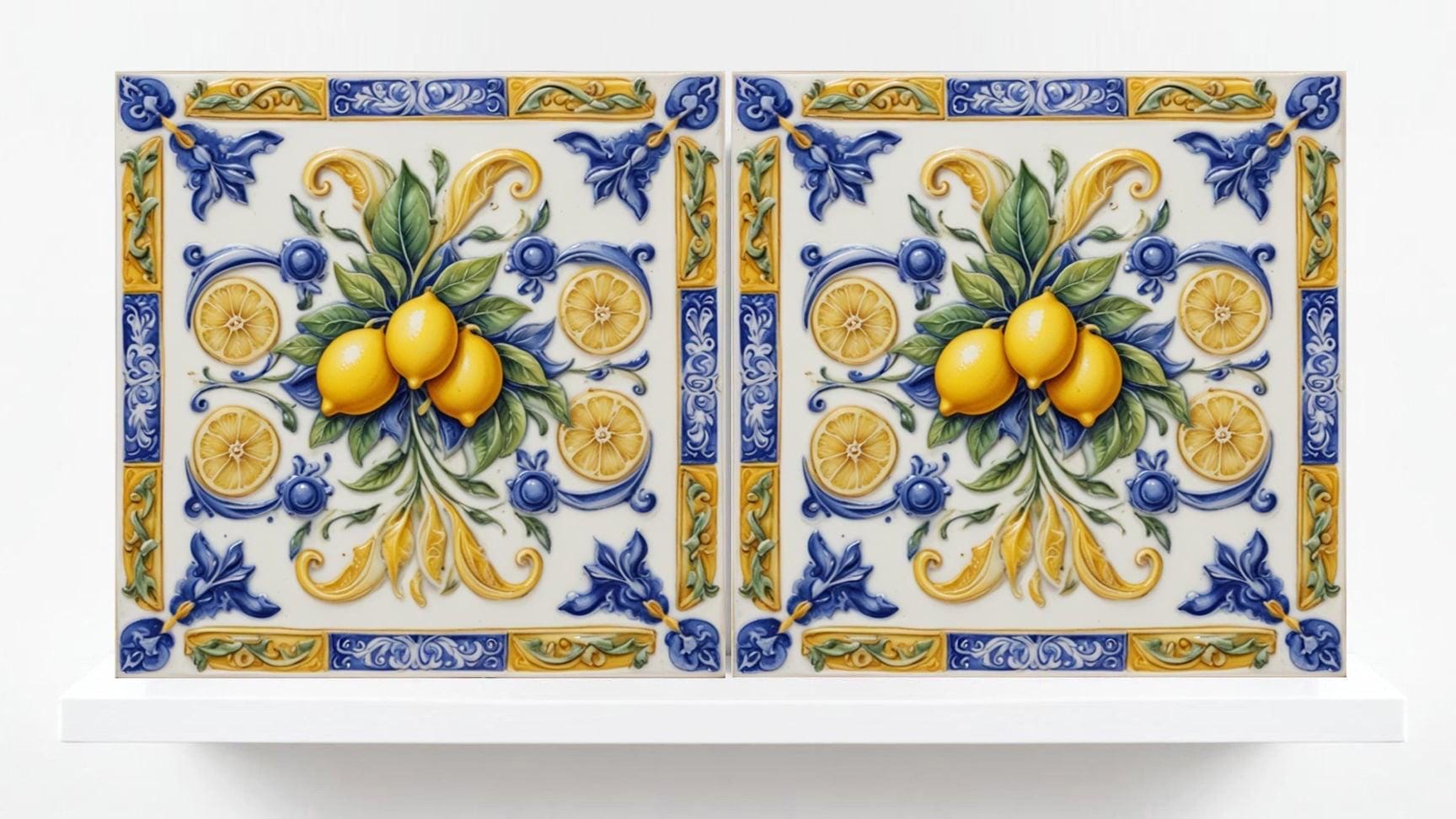 Italian Majolica Lemon Tiles - Set of 2 Mediterranean Wall Decor Tiles - Kitchen Backsplash Tiles, Shower,Bathroom Wall, Coaster, Sink Splas
