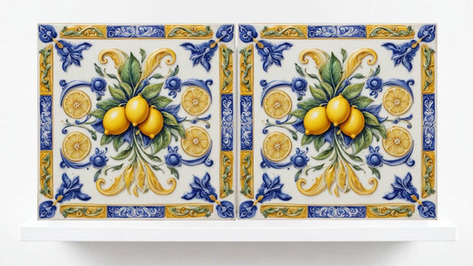 Italian Majolica Lemon Tiles - Set of 2 Mediterranean Wall Decor Tiles - Kitchen Backsplash Tiles, Shower,Bathroom Wall, Coaster, Sink Splas