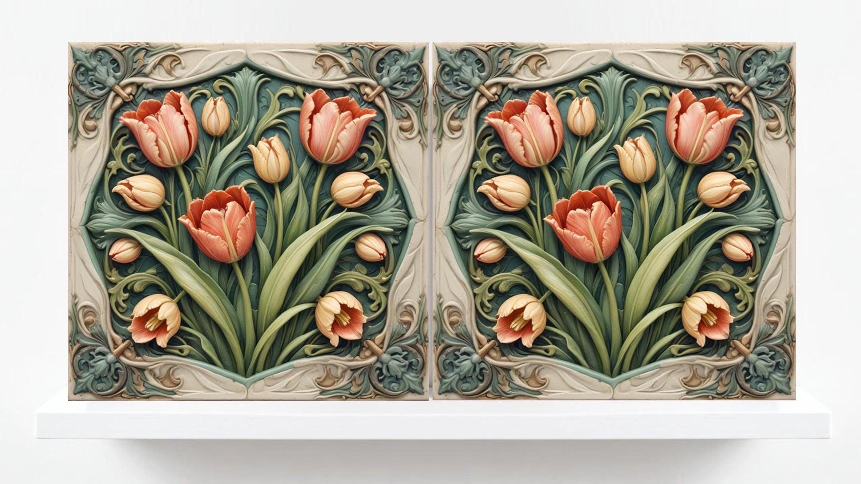 Tulip Tile Art Nouveau Flower Ceramic Tiles - Set of 2 Botanical Wall Decor Tiles - Kitchen Backsplash,Bathroom,Shower,Sink Splashback
