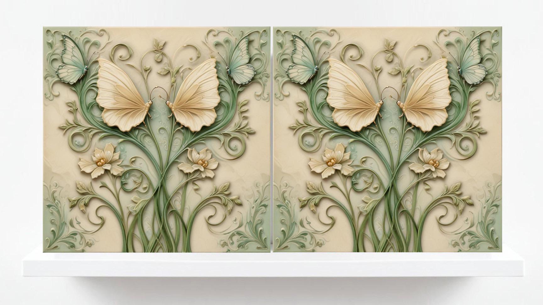 Butterfly Tile - Set of 2 Green Art Nouveau Botanical Tiles Wall Decor print -Kitchen Backsplash,Bathroom, Shower,Sink Splashback,Fireplace