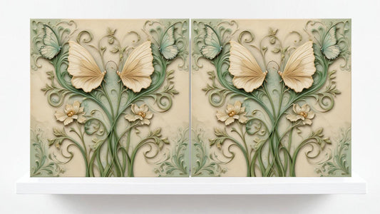 Butterfly Tile - Set of 2 Green Art Nouveau Botanical Tiles Wall Decor print -Kitchen Backsplash,Bathroom, Shower,Sink Splashback,Fireplace