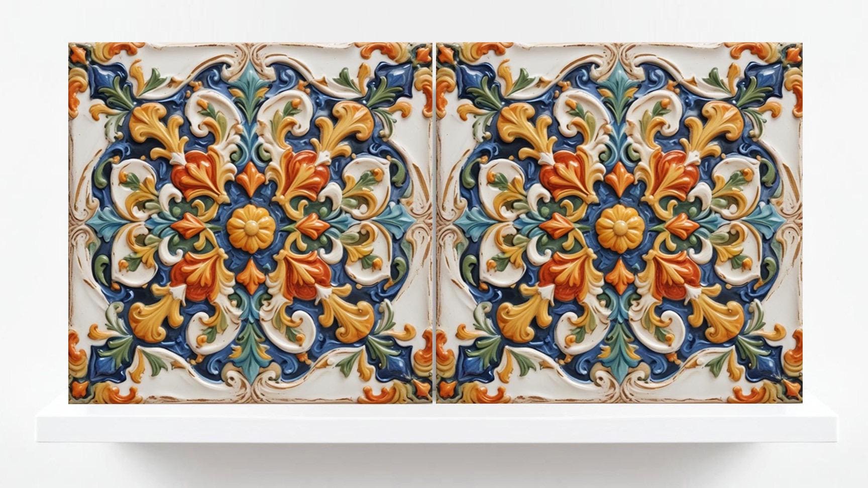 Italian Majolica Tiles - Set of 2 Sicilian Wall Decor Tile - Kitchen Backsplash, Sink Splashback,Bathroom,Shower Wall Art,Fireplace,Coaster