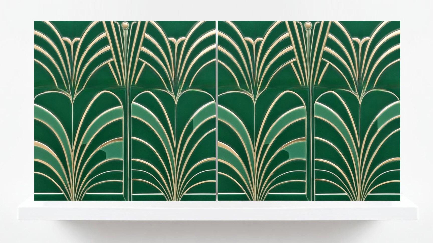Art Deco Ceramic Tiles Green- Set of 2 Art Deco Wall Decor Geometric Tiles-Kitchen Backsplash,Shower,Bathroom Wall,Sink Splashback,Fireplace