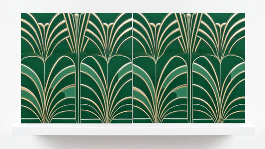 Art Deco Ceramic Tiles Green- Set of 2 Art Deco Wall Decor Geometric Tiles-Kitchen Backsplash,Shower,Bathroom Wall,Sink Splashback,Fireplace