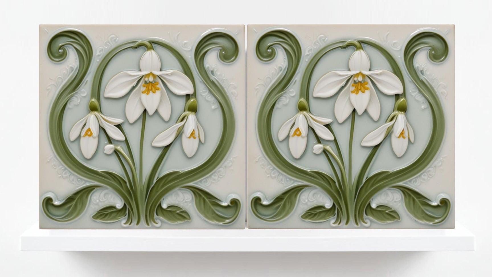 Snowdrop Tile Botanical Print Flower Ceramic Tiles -Set of 2 White Art Nouveau Wall Decor-Kitchen Backsplash Tiles,Bathroom,Shower Wall,Sink