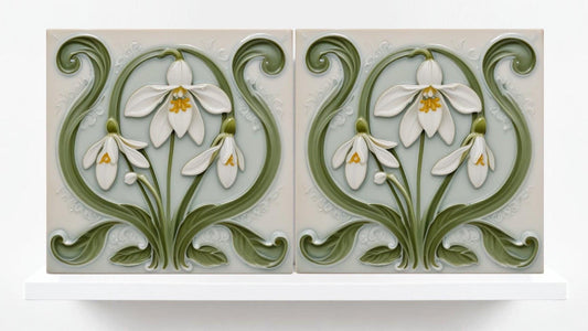 Snowdrop Tile Botanical Print Flower Ceramic Tiles -Set of 2 White Art Nouveau Wall Decor-Kitchen Backsplash Tiles,Bathroom,Shower Wall,Sink
