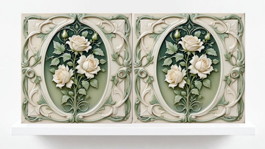 Rose Tile Art Nouveau Flower Ceramic Tiles - Set of 2 Botanical Wall Decor Print -Kitchen Backsplash,Bathroom,Shower Wall,Sink Splashback