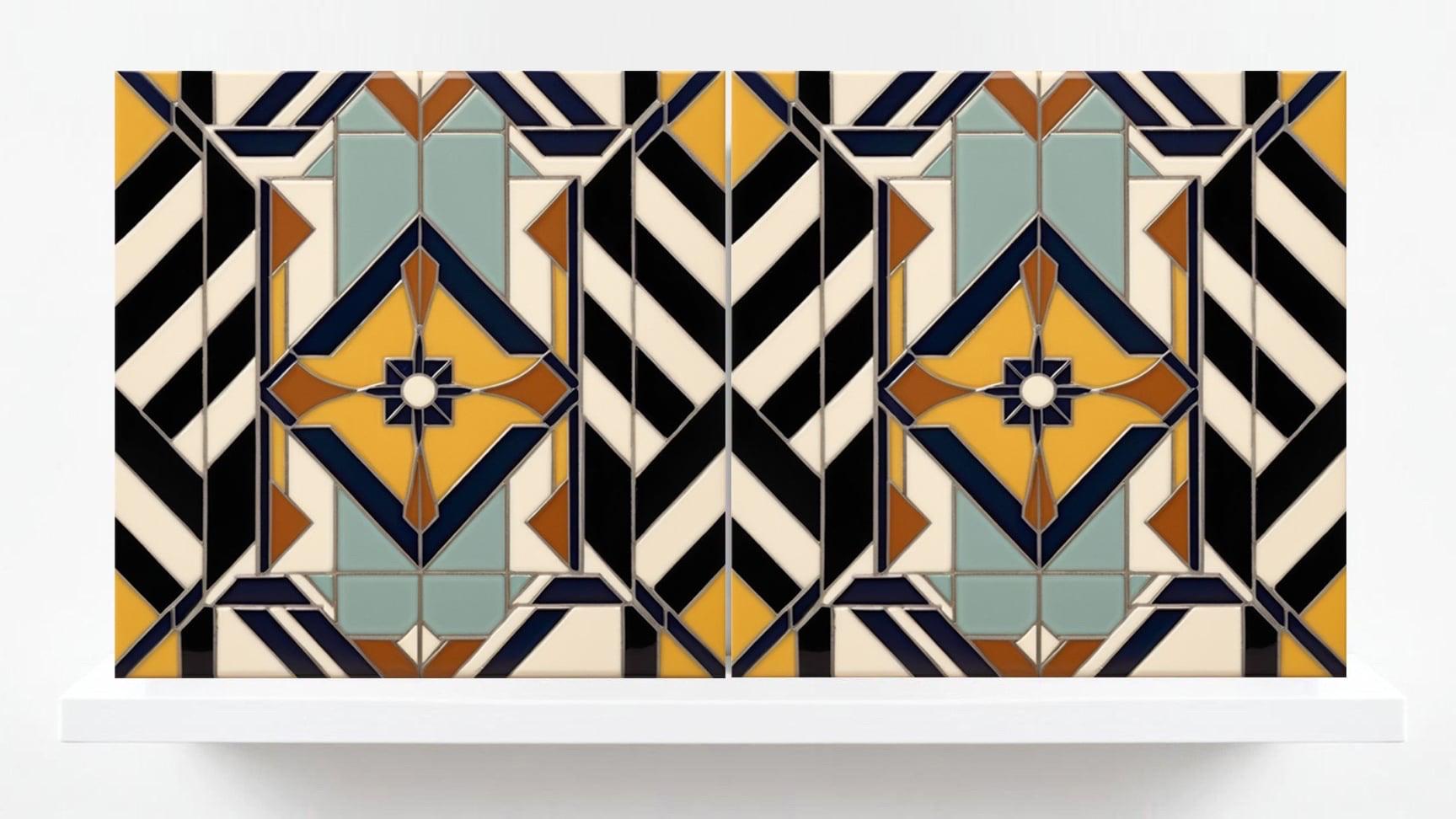 Art Deco Ceramic tiles - Set of 2 Art Deco Wall Decor Geometric Tiles - Kitchen Backsplash, Bathroom, Shower Wall, Sink Splashback,Fireplace