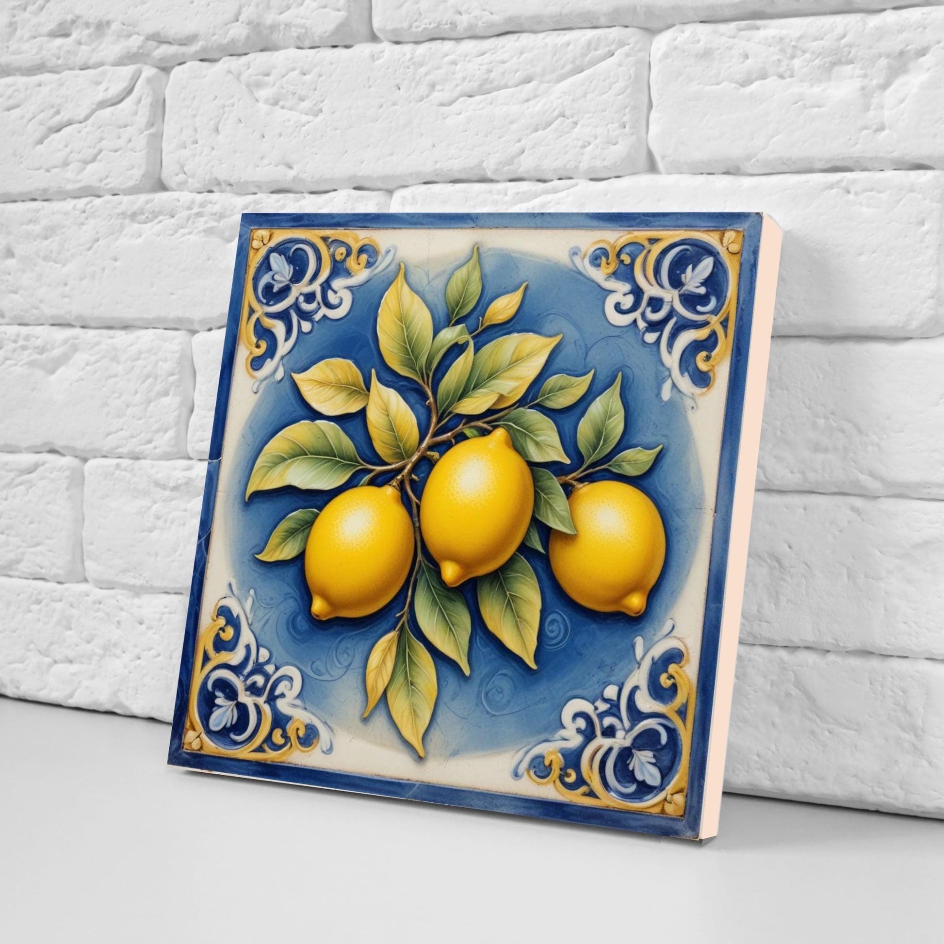 Lemon Tile - Blue Majolica - Set of 2 Italian Wall Decor Tiles - Kitchen Backsplash,Shower,Bathroom Wall,Sink Splashback, Coaster,Fireplace