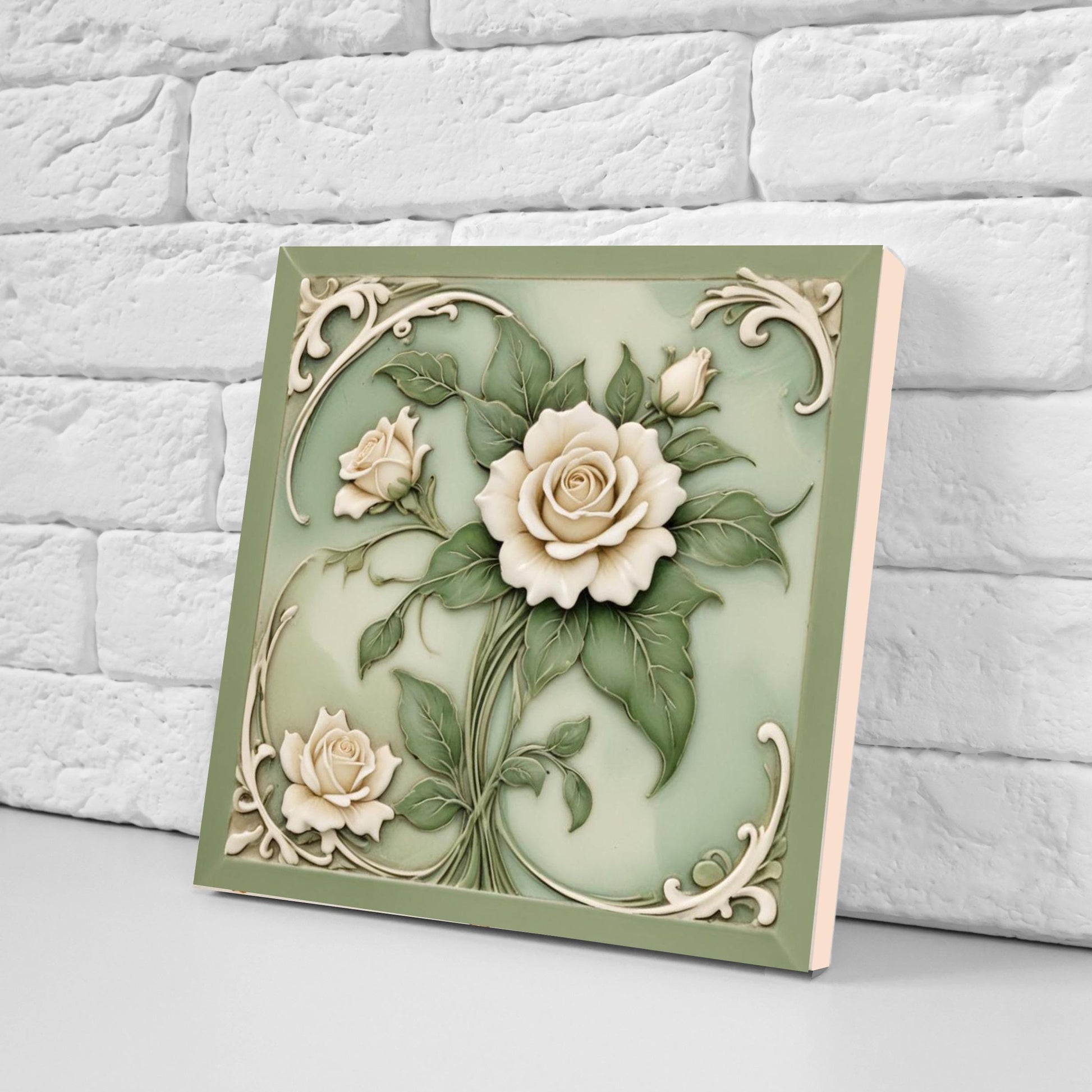 Art Nouveau Tile Rose Flower Ceramic Tiles - Set of 2 Green Art Nouveau Tiles Wall Decor -Kitchen Backsplash Tiles,Bathroom, Shower Wall Art