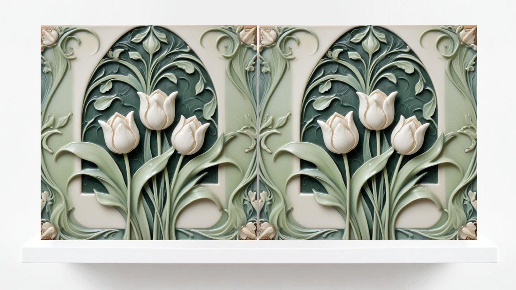 Tulip Tile Art Nouveau Flower Ceramic Tiles - Set of 2 Art Nouveau Green Wall Decor Tiles - Kitchen Backsplash Tiles, Bathroom, Shower, Sink