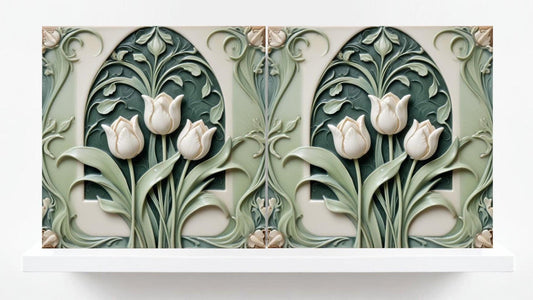 Tulip Tile Art Nouveau Flower Ceramic Tiles - Set of 2 Art Nouveau Green Wall Decor Tiles - Kitchen Backsplash Tiles, Bathroom, Shower, Sink