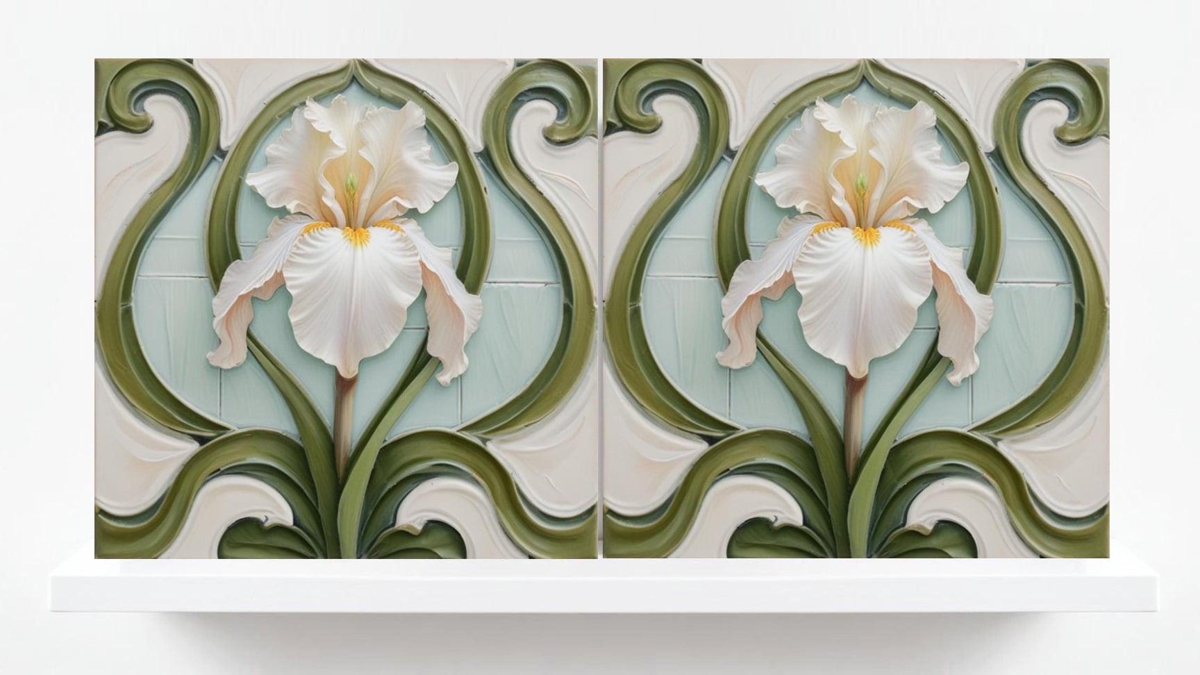 Iris Tile - Art Nouveau Flower Ceramic tiles - Set of 2 Botanical Wall Decor Tiles - Iris Print, Kitchen Backsplash,Bathroom Shower Wall Art