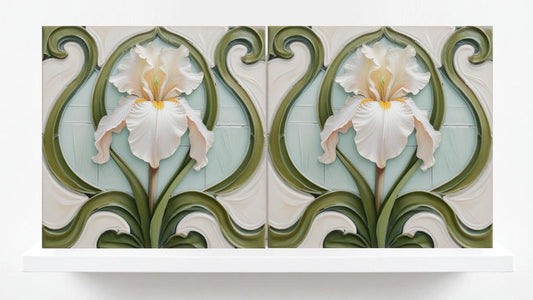 Iris Tile - Art Nouveau Flower Ceramic tiles - Set of 2 Botanical Wall Decor Tiles - Iris Print, Kitchen Backsplash,Bathroom Shower Wall Art