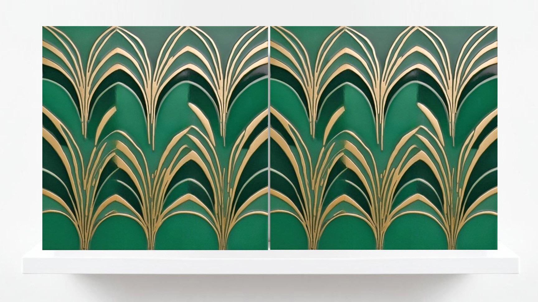 Art Deco Ceramic Tiles Green-Set of 2 Art Deco Wall Decor Geometric Tiles -Kitchen Backsplash,Shower,Bathroom Wall,Sink Splashback,Fireplace