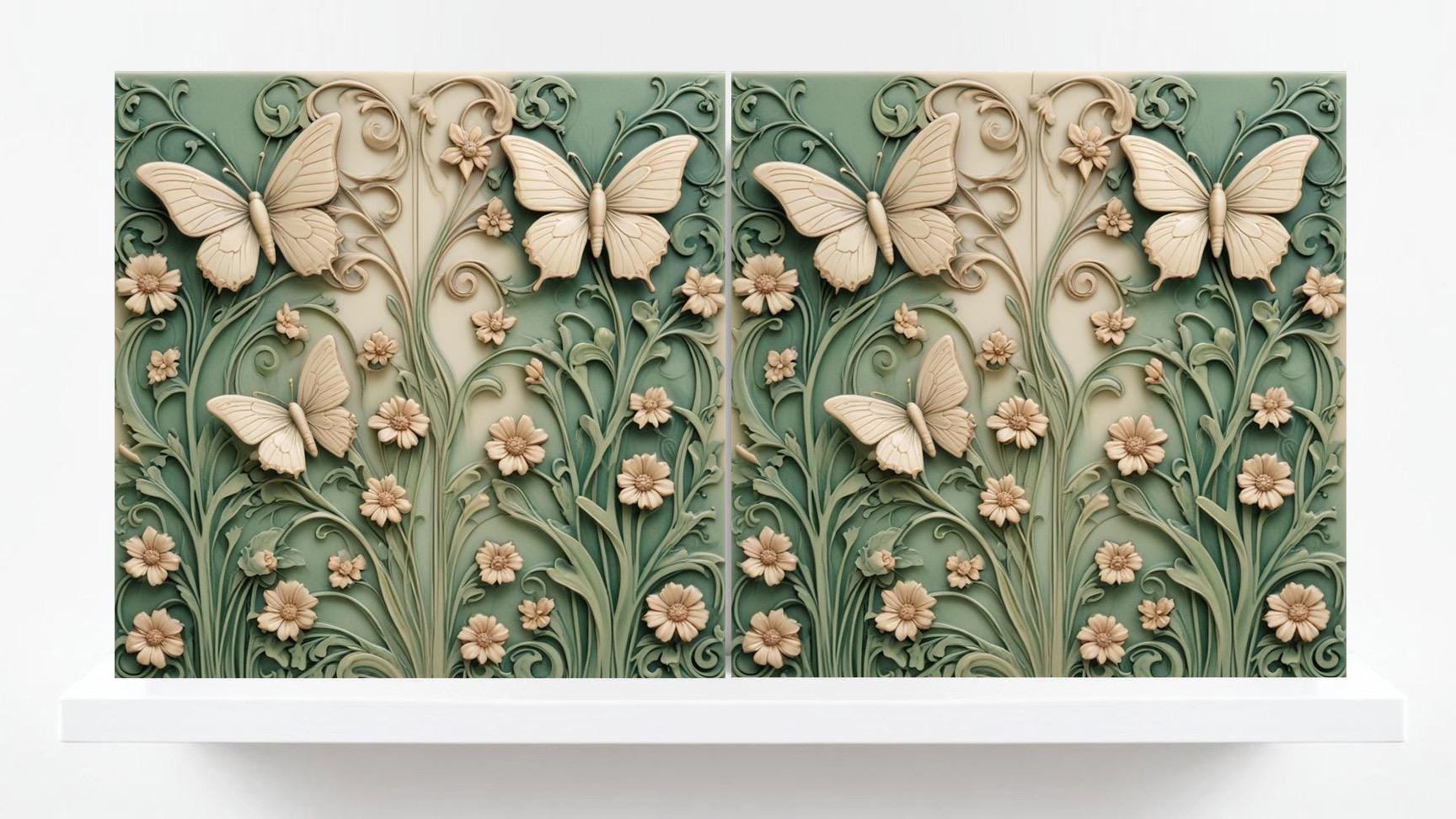 Butterfly Tile - Set of 2 Green Art Nouveau Tiles Floral Wall Decor Art print -Kitchen Backsplash ,Bathroom,Shower,Sink Splashback,Fireplace