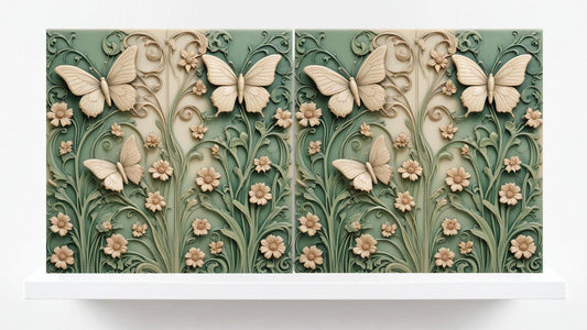 Butterfly Tile - Set of 2 Green Art Nouveau Tiles Floral Wall Decor Art print -Kitchen Backsplash ,Bathroom,Shower,Sink Splashback,Fireplace