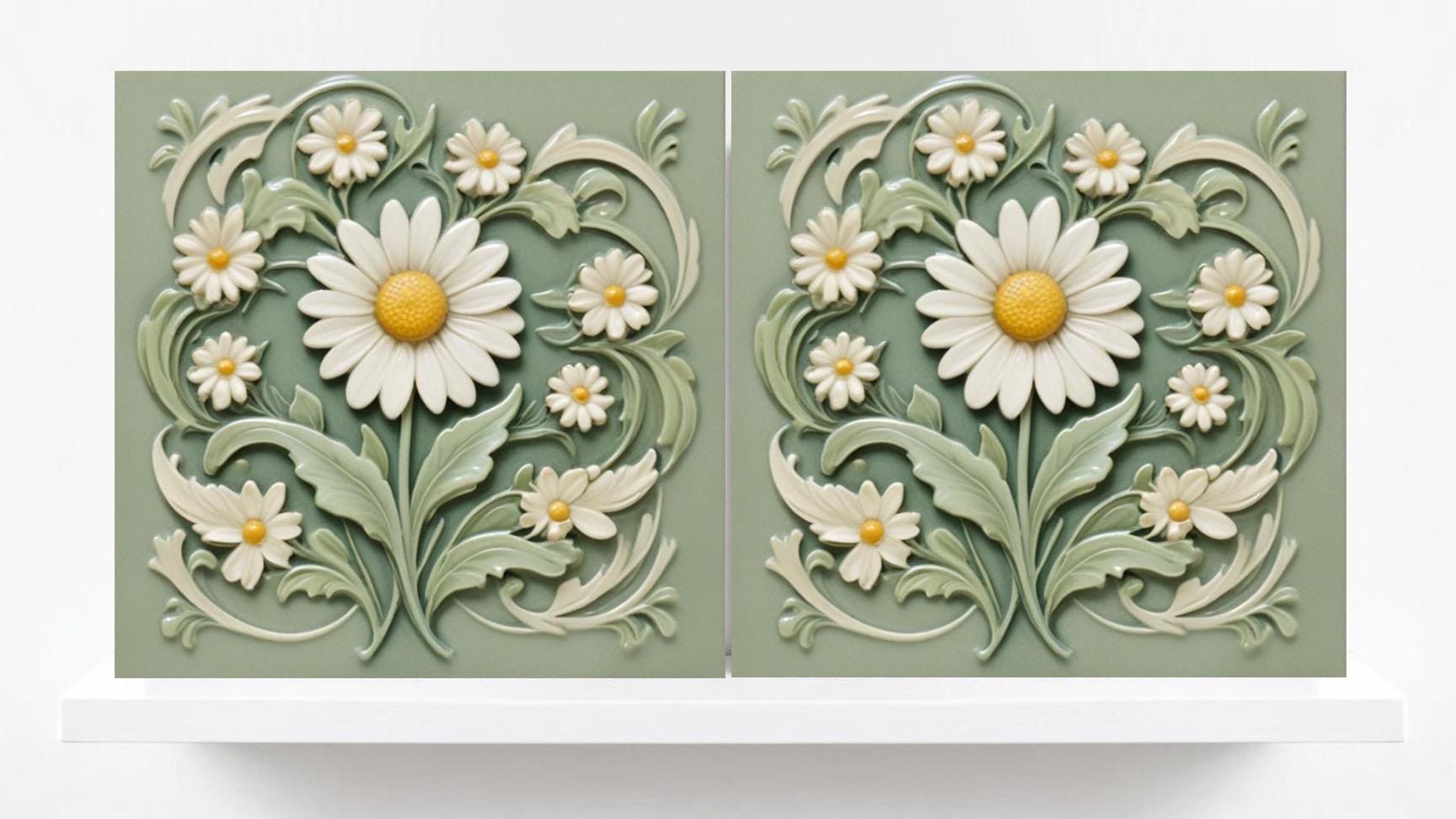 Daisy Tile for Backsplash, Flower Design Wall Art -Set of 2 Flowers Daisies Wall Decor Tiles, Kitchen Backsplash, Bathroom, Sink Splashback