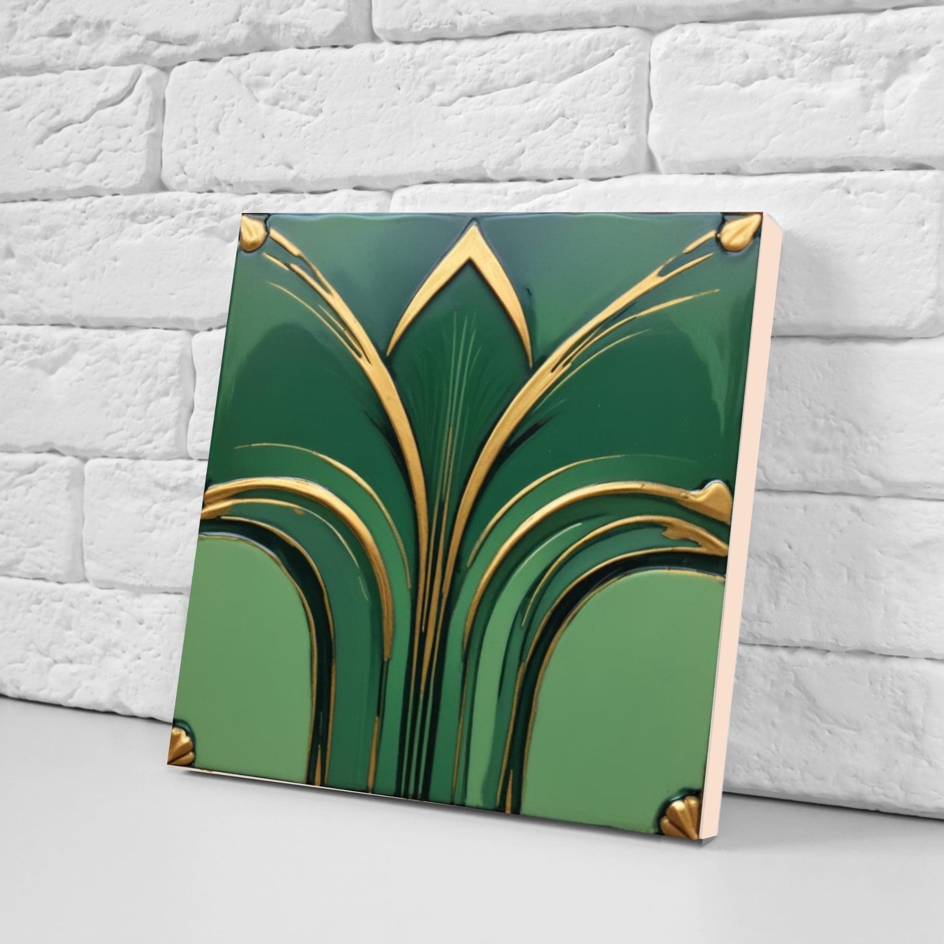 Art Deco Green Tiles-Set of 2 Art Deco Ceramic Wall Decor Geometric Tiles -Kitchen Backsplash,Shower,Bathroom Wall,Sink Splashback,Fireplace