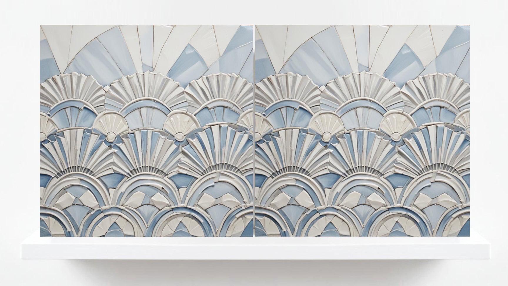 Art Deco Tile Blue - Set of 2 Art Deco Ceramic Wall Decor Geometric Tiles - Kitchen Backsplash , Bathroom, Sink Splashback, Accent Wall Art