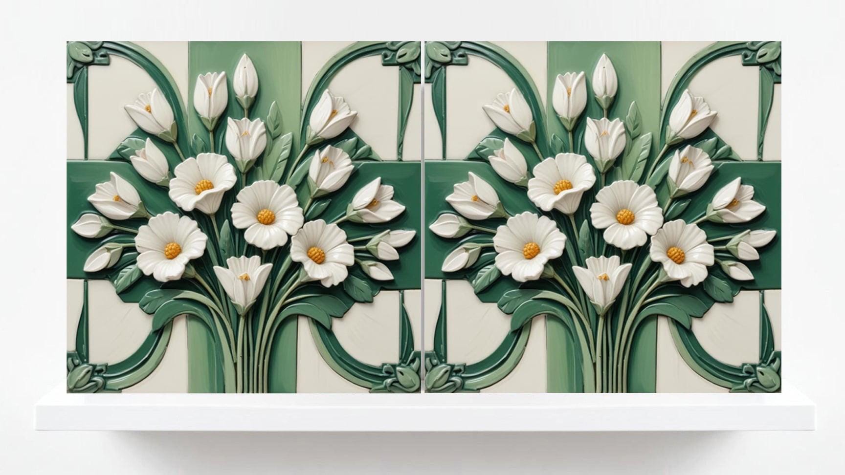 Art Nouveau Floral Tiles - Set of 2 Botanical Ceramic Wall Decor Tiles - Kitchen Backsplash,Shower,Bathroom Wall,Sink Splashback, Fireplace