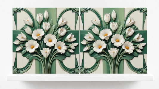 Art Nouveau Floral Tiles - Set of 2 Botanical Ceramic Wall Decor Tiles - Kitchen Backsplash,Shower,Bathroom Wall,Sink Splashback, Fireplace