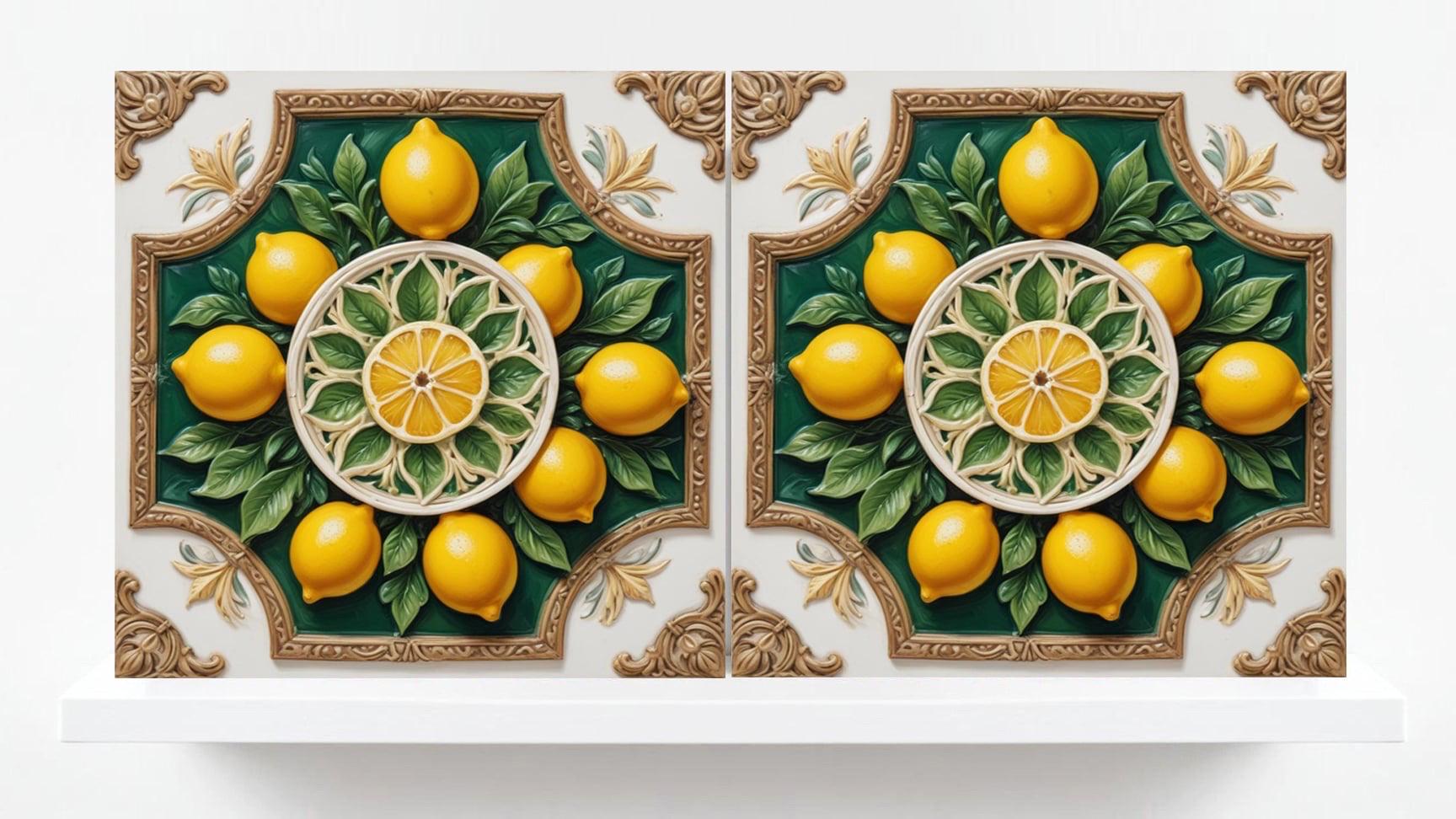 Italian Majolica Lemon Tiles - Set of 2 Sicilian Wall Decor Tiles -Kitchen Backsplash,Bathroom,Shower Wall,Sink Splashback,Fireplace,Coaster
