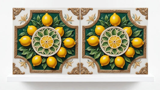 Italian Majolica Lemon Tiles - Set of 2 Sicilian Wall Decor Tiles -Kitchen Backsplash,Bathroom,Shower Wall,Sink Splashback,Fireplace,Coaster