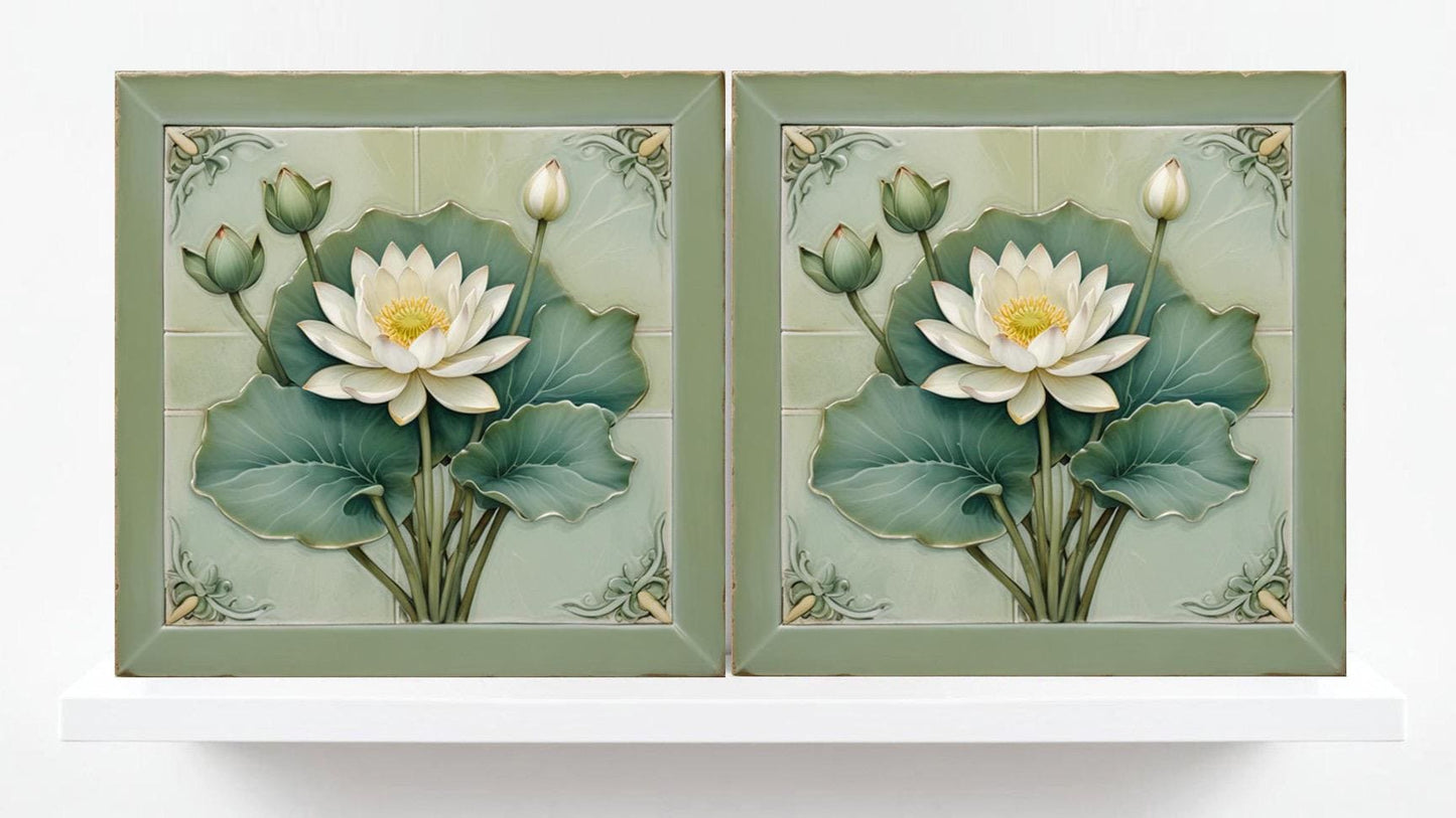 Lotus Tile Art Nouveau Flower Ceramic Tiles - Set of 2 Art Nouveau Green Wall Decor,Kitchen Backsplash,Shower,Bathroom Wall,Sink splashback